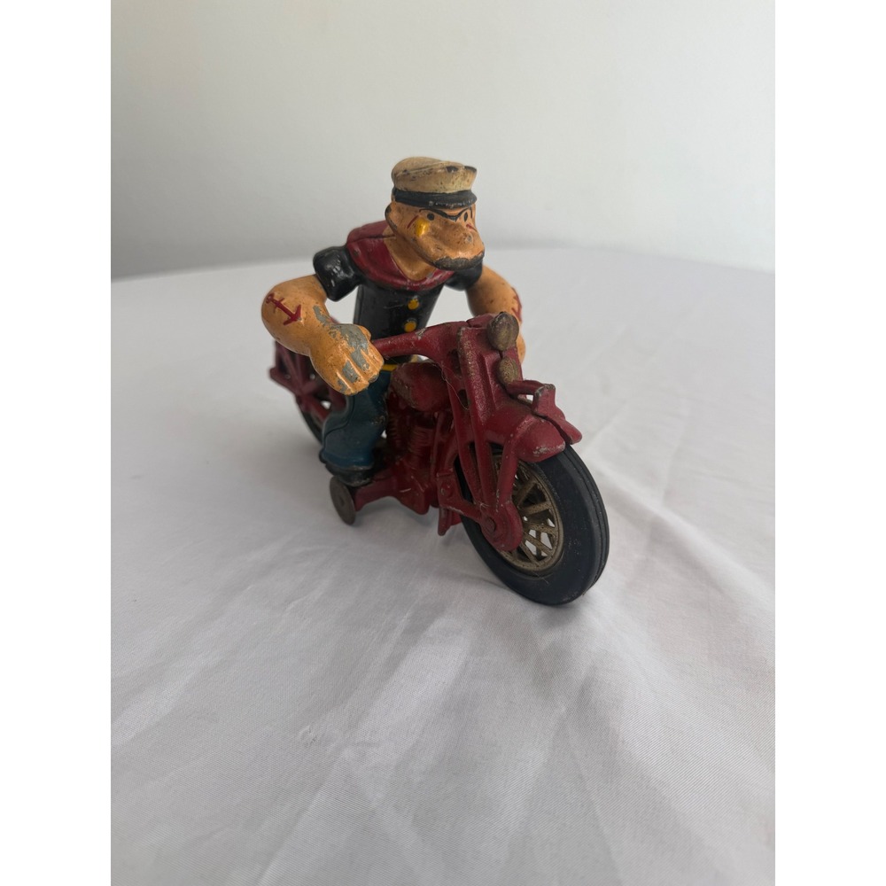 Vintage Popeye the Sailor Man Cast Iron Motorcycle Toy Collectible Red Antique